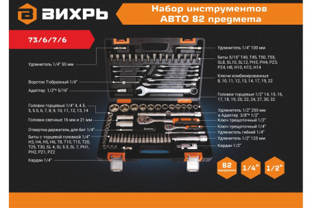 Набор инструментов Вихрь АВТО, 1/2" , 1/4" , CrV, в кейсе 82 предм