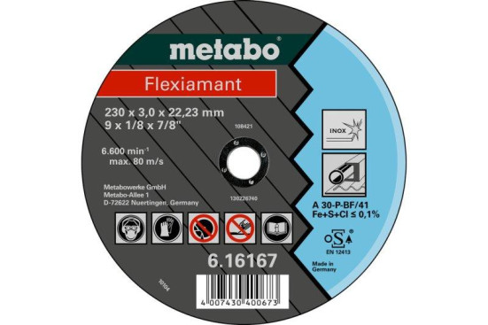 Отрезной круг Metabo 180х3,0х22,23мм Flexiamant Inox А 30-Р прямой  616163000